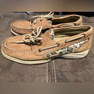 Sperry Tan Boat Shoes with Leopard Print